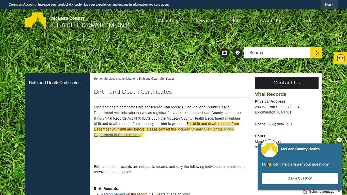 Birth and Death Certificates - McLean County, Illinois